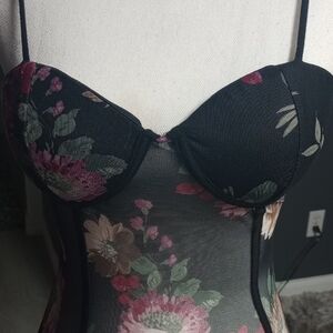 Willow Black Mesh Bodysuit with Pink and Green Floral Design